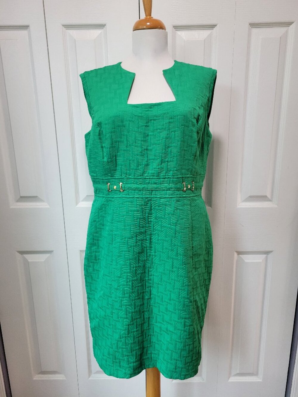 TAHARI Arthur S Levine Green Textured Basketweave Square Neck Sheath Dress sz 14